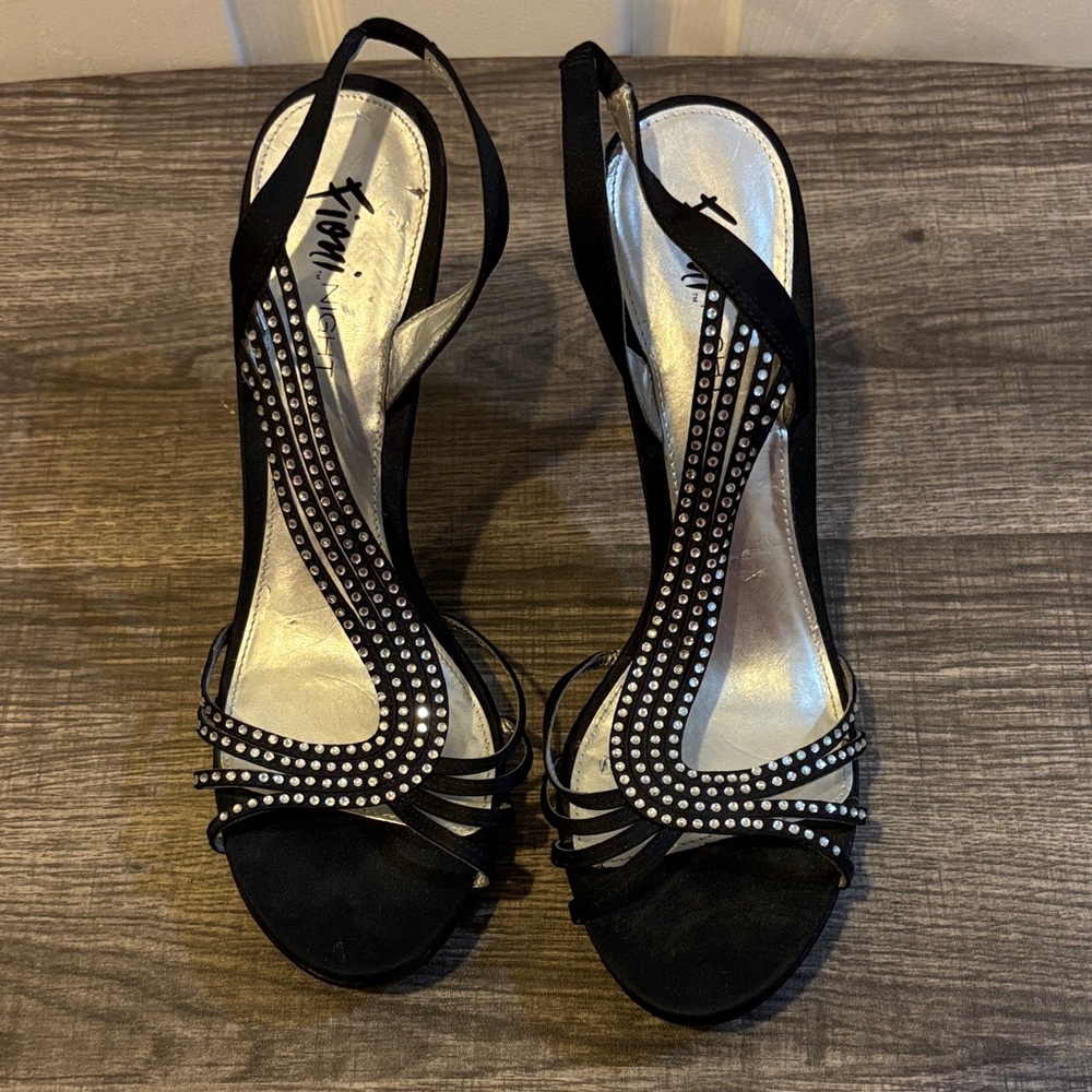 Fioni Night Black Rhinestone Slingback Heels